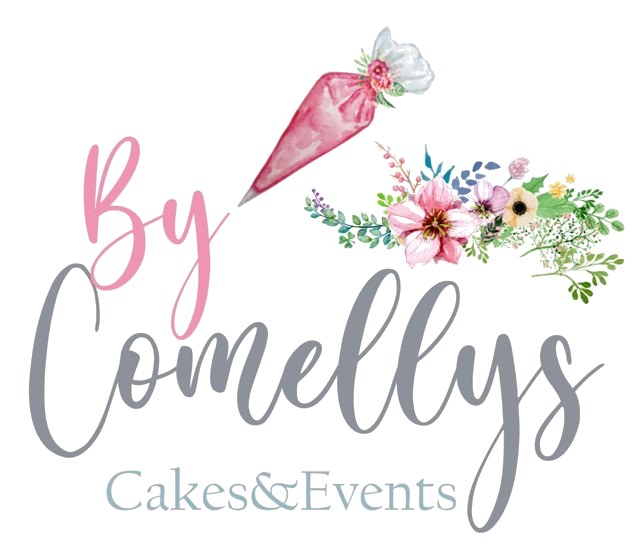 ByComellys Cakes & Events: logo con manga pastelera y flores